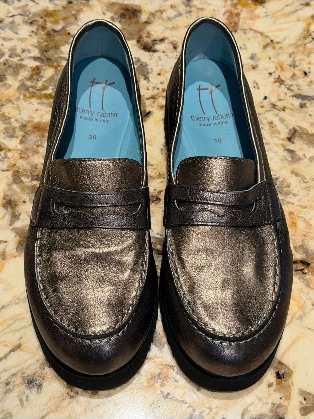 Thierry Rabotin Pewter Metallic Leather Penny Loafers 36 US 6 Made In Italy